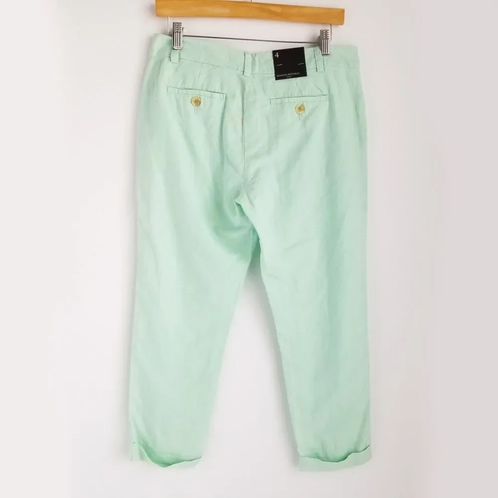 Banana Republic Linen Cropped Pants Womens 4 Cuffed Hem Teal New w/ Tag NWT $49